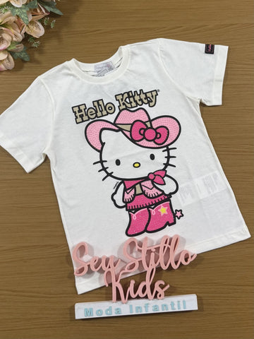 Blusa Infantil Momi Inverno Manga Curta Branco com Strass Hello Kitty