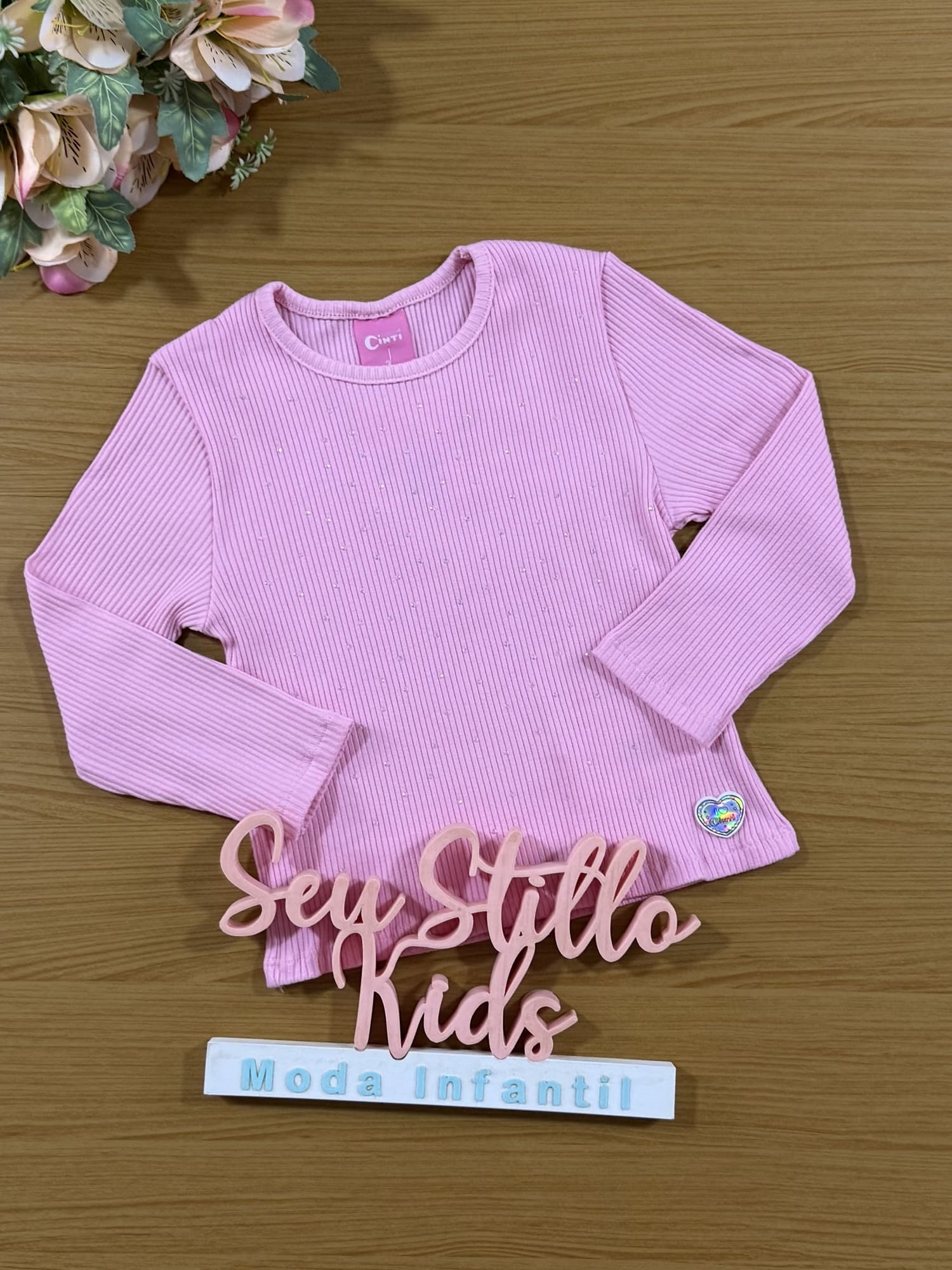 Blusa Infantil Cinti Inverno Manga Longa Canelada Rosa Strass