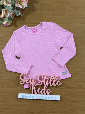 Blusa Infantil Cinti Inverno Manga Longa Canelada Rosa Strass