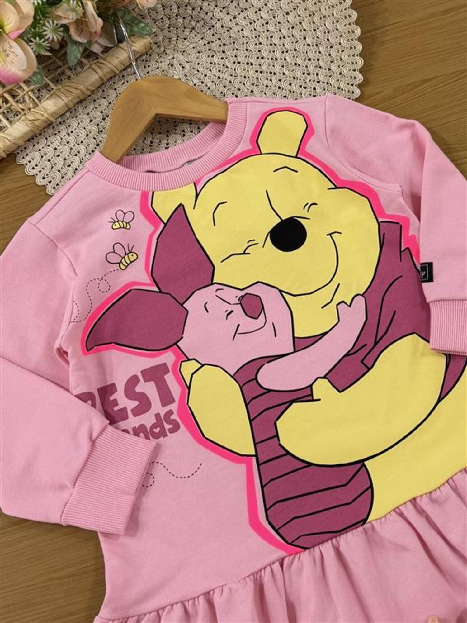 Vestido Infantil Bimbi Inverno Rosa Ursinho Pooh e Leitão Disney