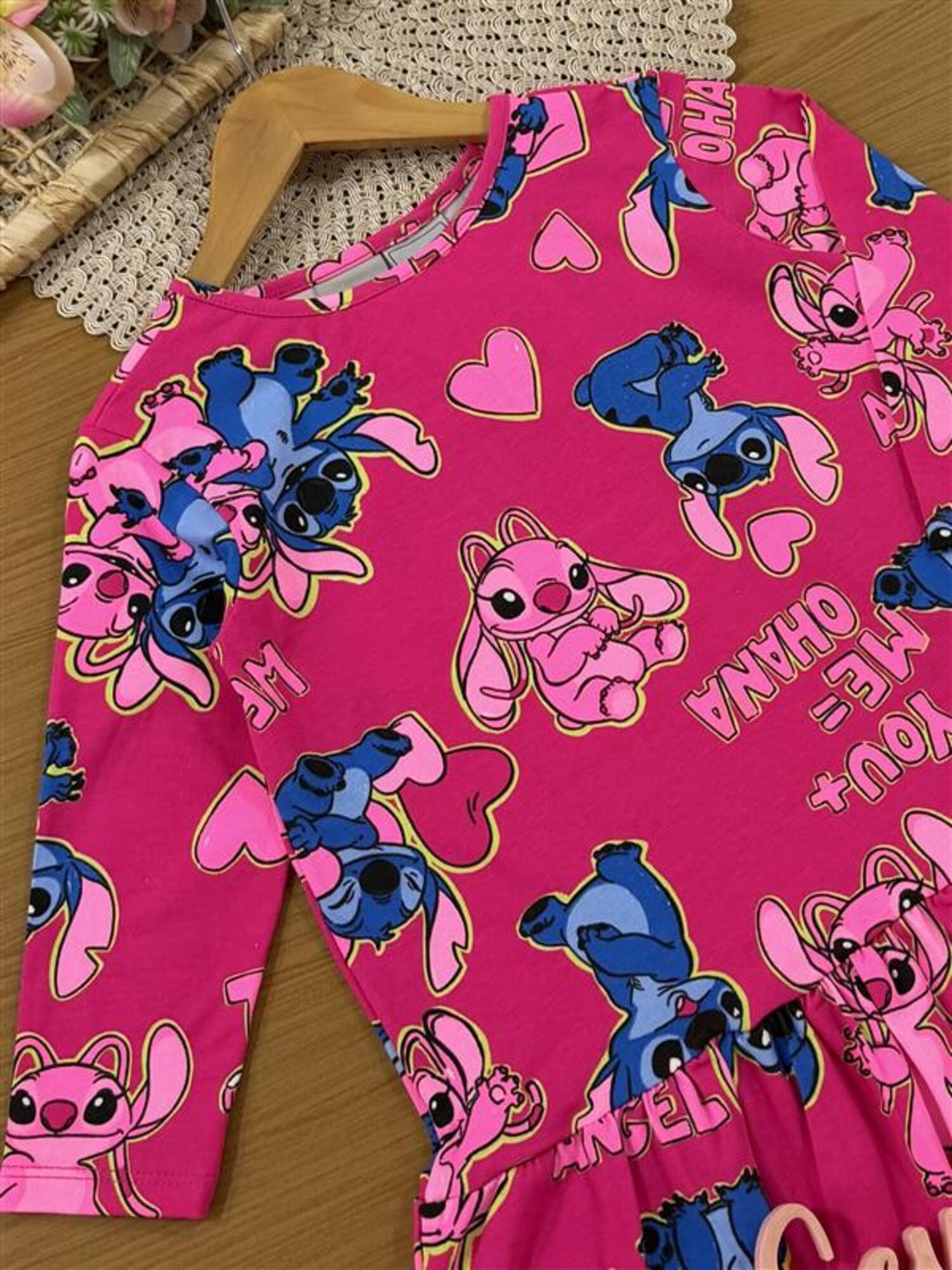 Vestido Infantil Bimbi Inverno Rosa Stitch e Angel Corações Disney