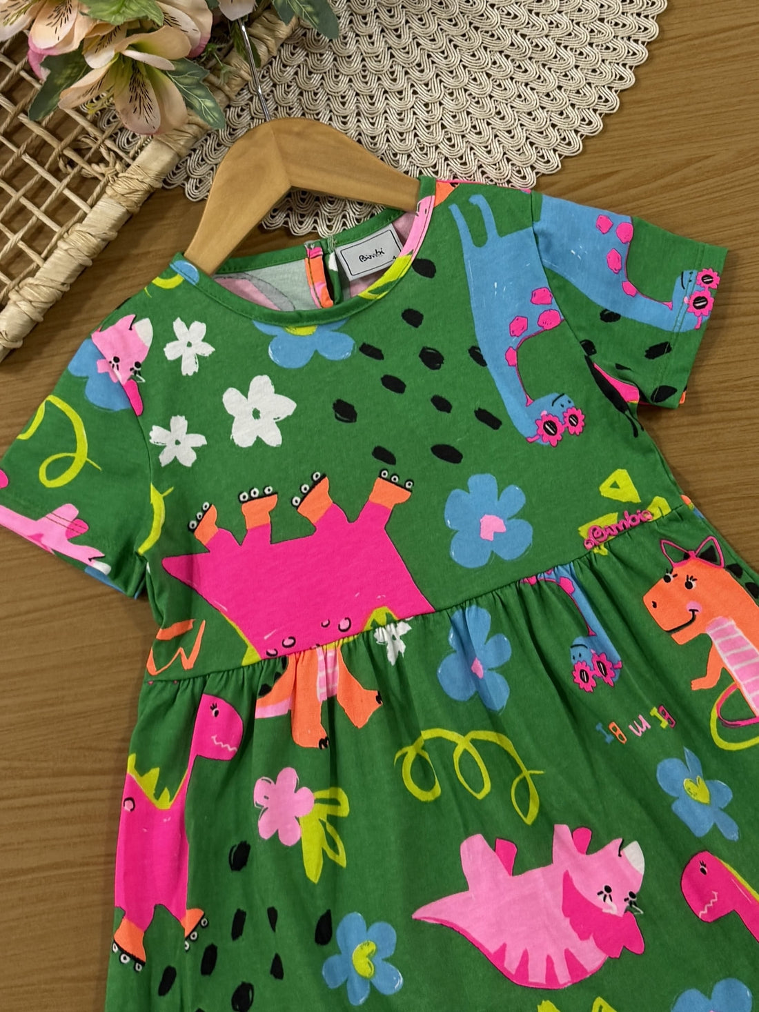 Vestido Infantil Bimbi Verão Verde Dinossauros