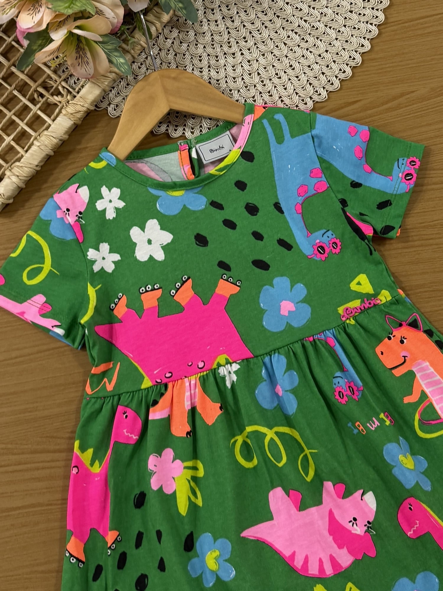 Vestido Infantil Bimbi Verão Verde Dinossauros