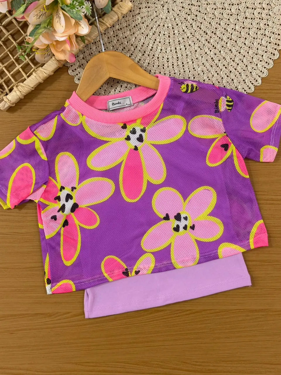 Conjunto Infantil Menina Bimbi com Shorts e Blusa Lilás com Sobreposição em Tela Florida