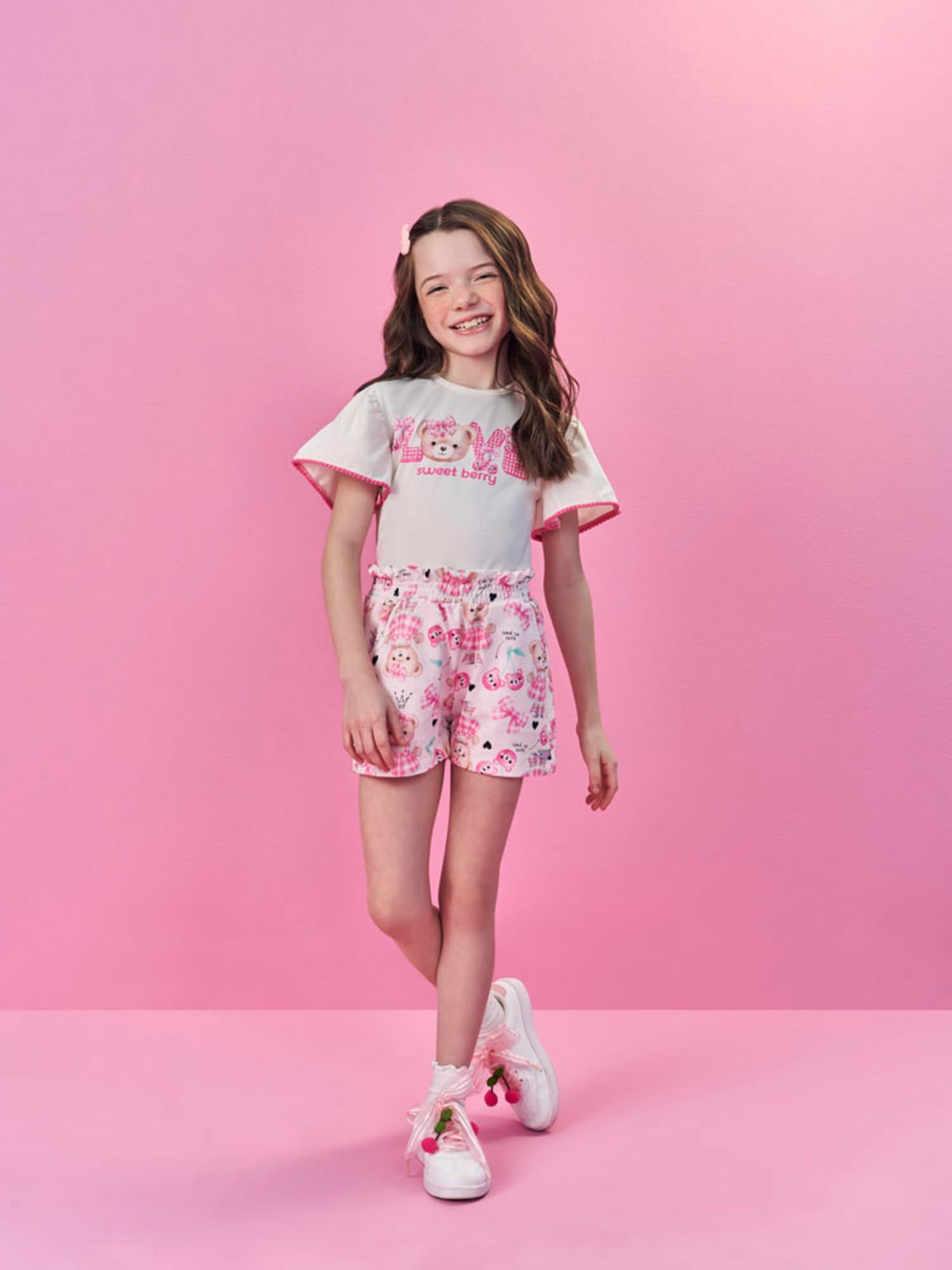 Conjunto Infantil Cinti Verão com Shorts Rosa e Blusa Branca Ursinha Love com Strass