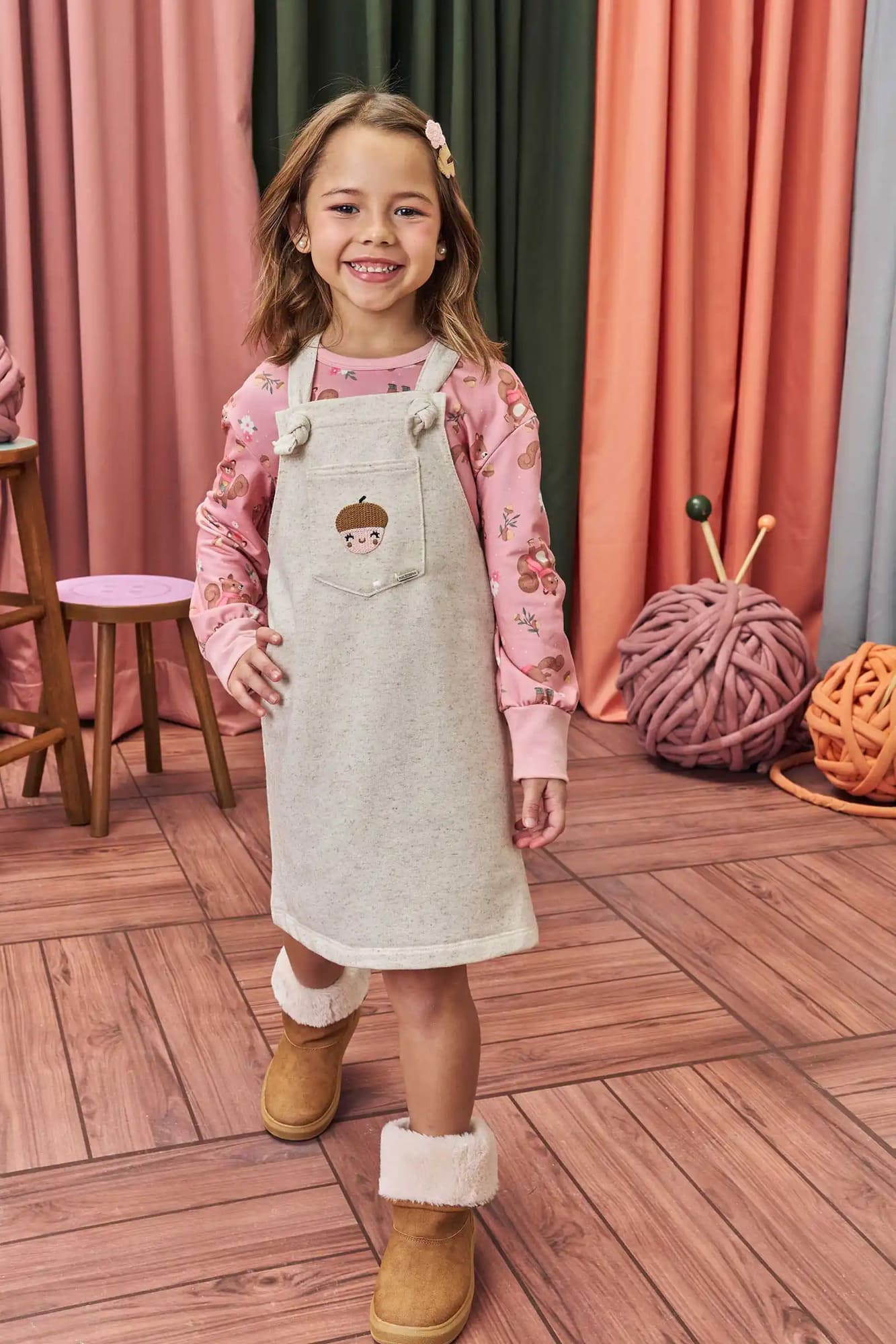Salopete Infantil Kukiê Inverno com Blusa Térmica Rosa Esquilinho