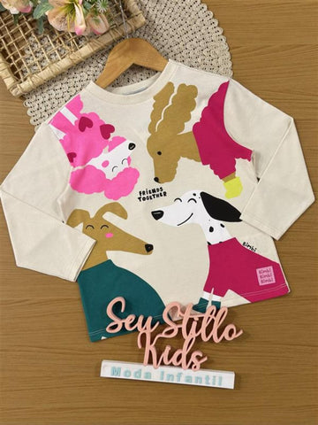 Blusa Infantil Bimbi Inveno Manga Longa Bege Cachorrinhos Friends