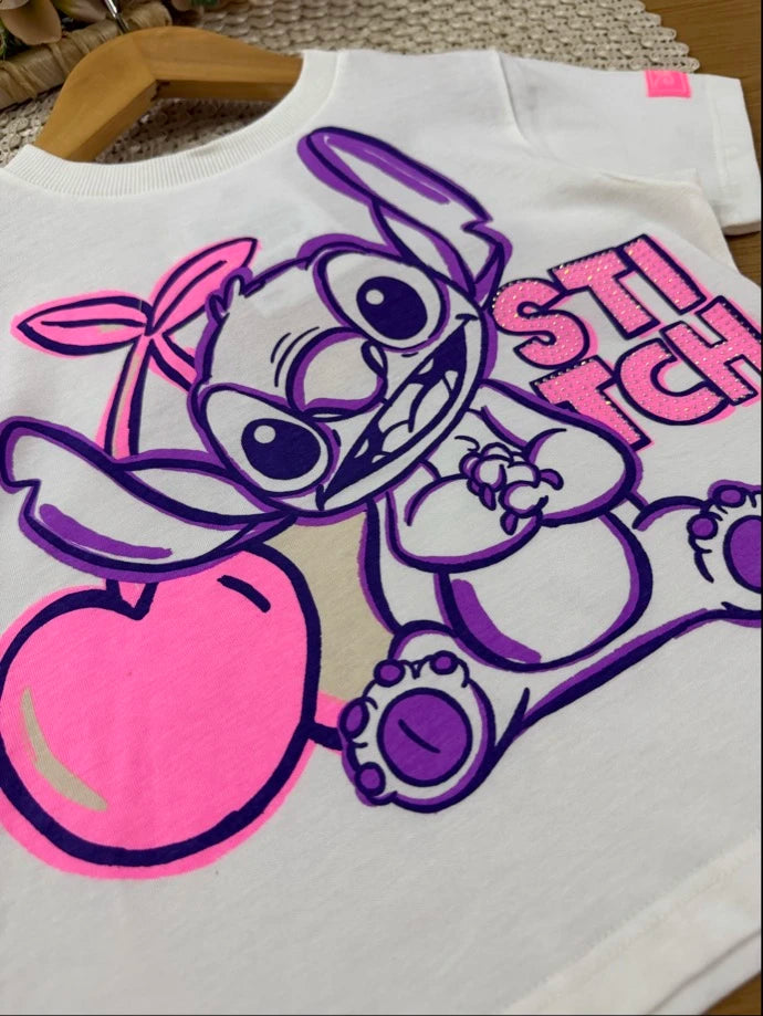 Blusa Infantil Bimbi Inverno Manga Curta Branca Stitch Cerejinha