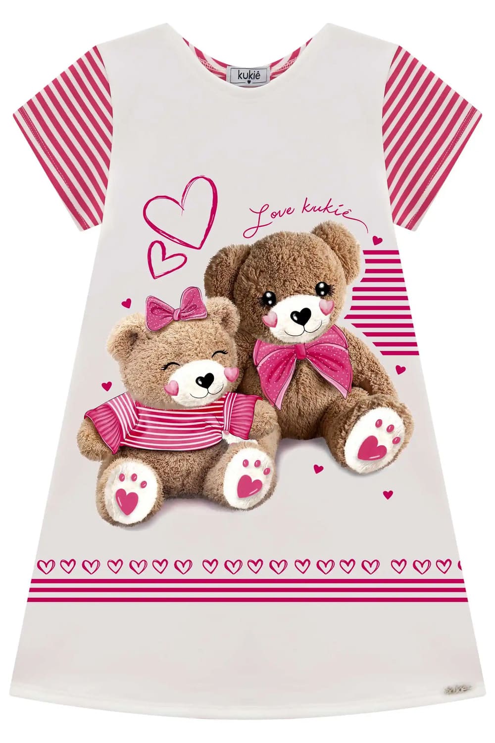 Vestido Infantil Kukie Verão Branco e Rosa Ursinhos