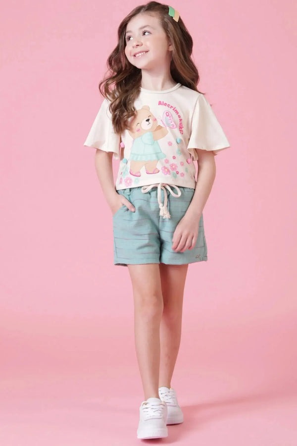 Conjunto Infantil Kukiê Verão com Shorts Verde e Blusa Bege Ursinha Borboleta