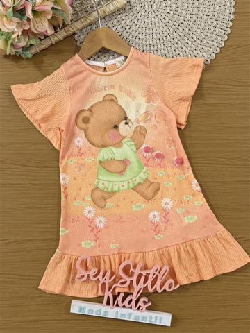 Vestido Infantil Kukiê Verão Laranja Ursinha