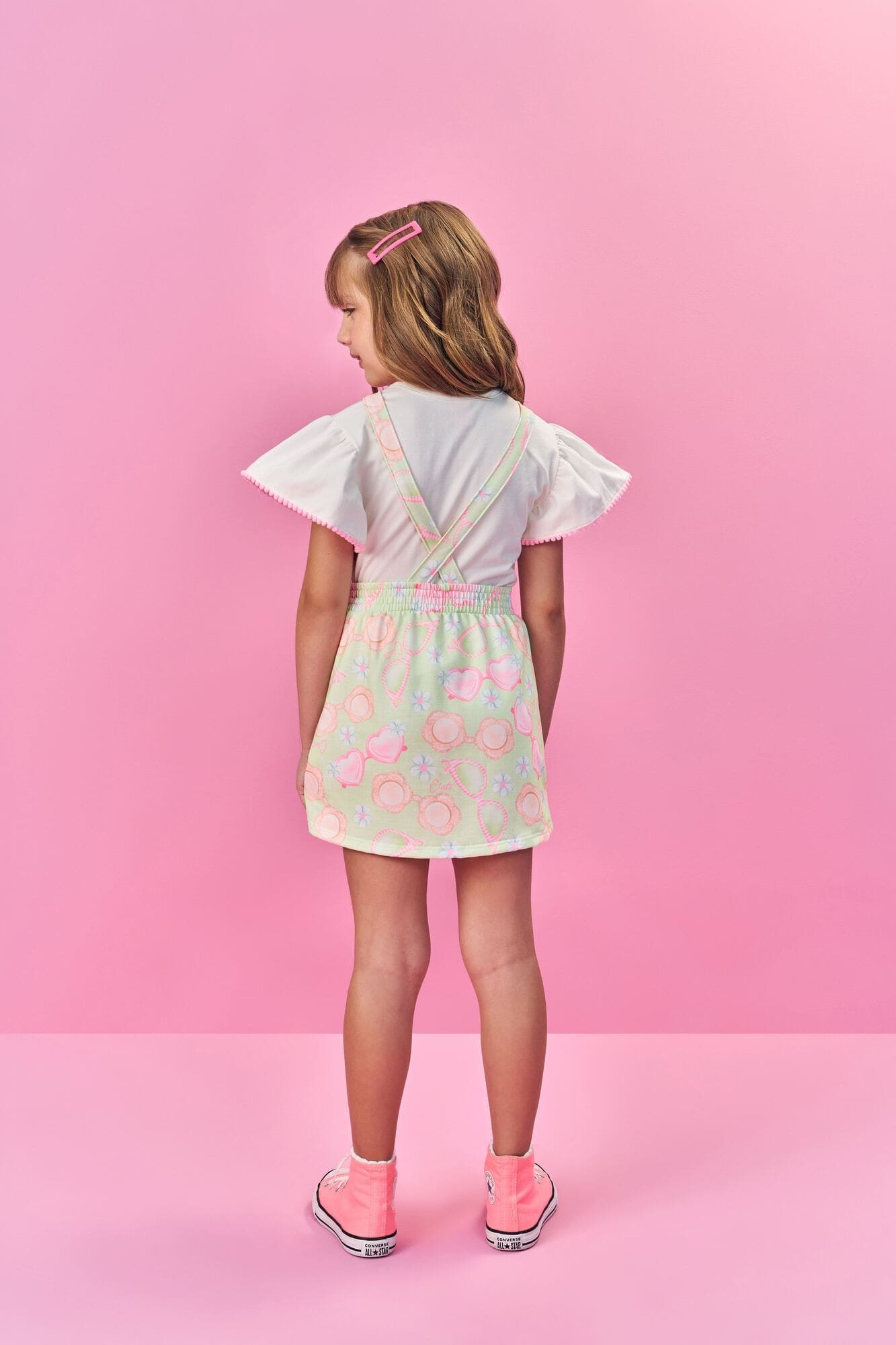 Salopete Infantil Cinti Verão Verde Floral com Blusa Branca
