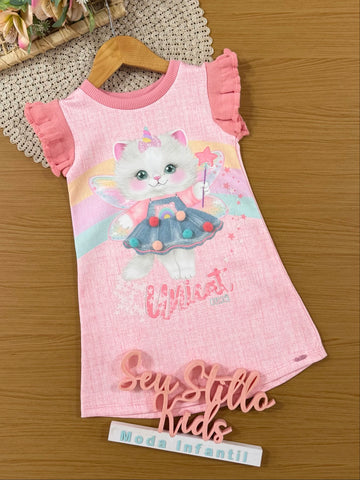 Vestido Infantil Kukiê Inverno Rosa Gatinha Fadinha