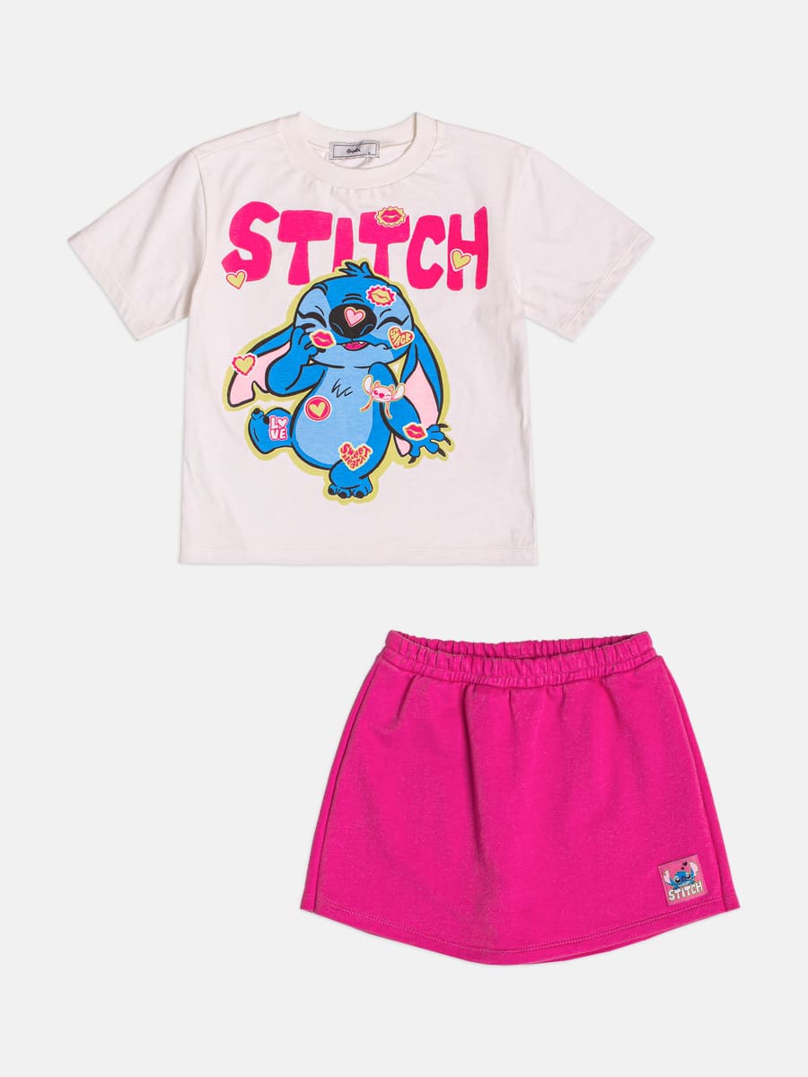 Conjunto Infantil Bimbi Inverno com Shorts-Saia Rosa e Blusa Branca Stitch Disney