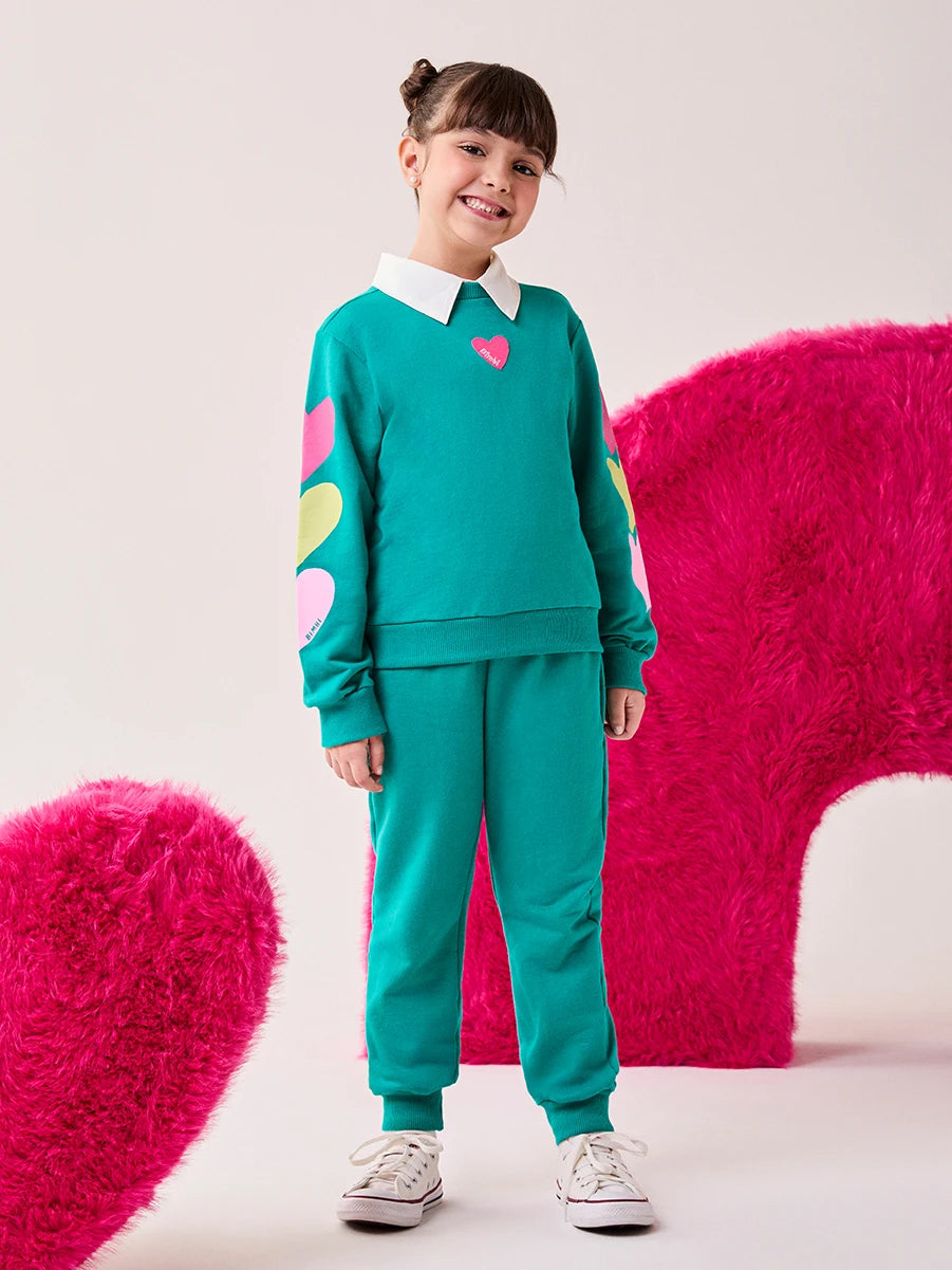 Conjunto Infantil Bimbi Inverno com Calça e Moletom sem Flanela Verde Coraçãozinho