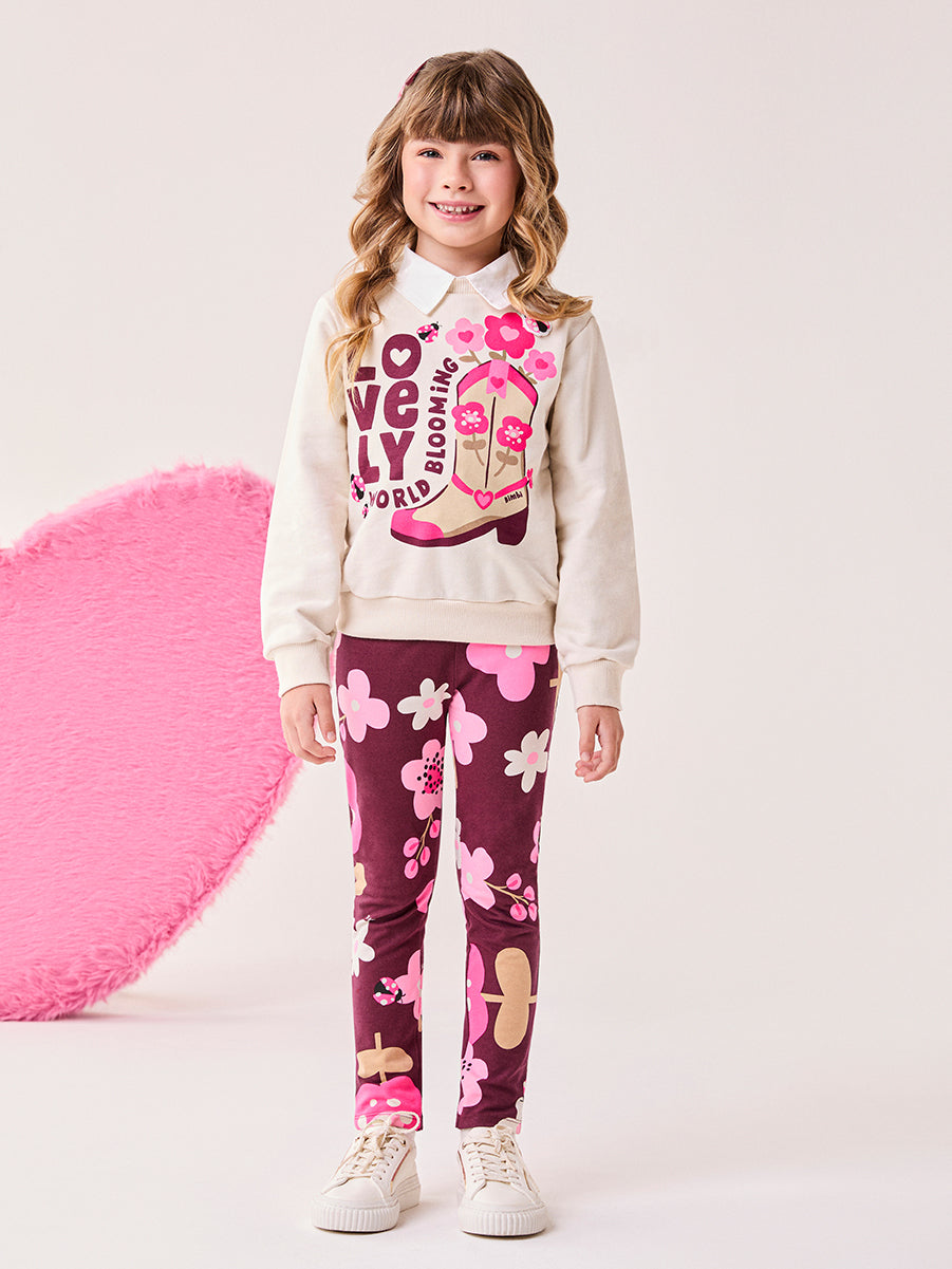 Conjunto Infantil Bimbi Inverno com Calça Legging e Moletom sem Flanela Bege Lovely