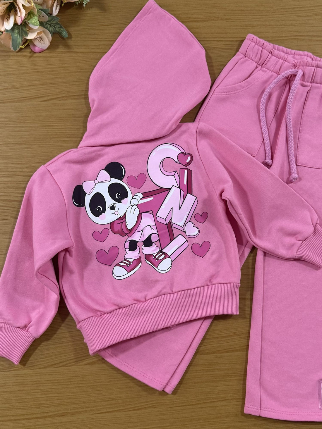 Conjunto Infantil Cinti Inverno Calça Wide Leg e Moletom Flanelado Rosa Panda