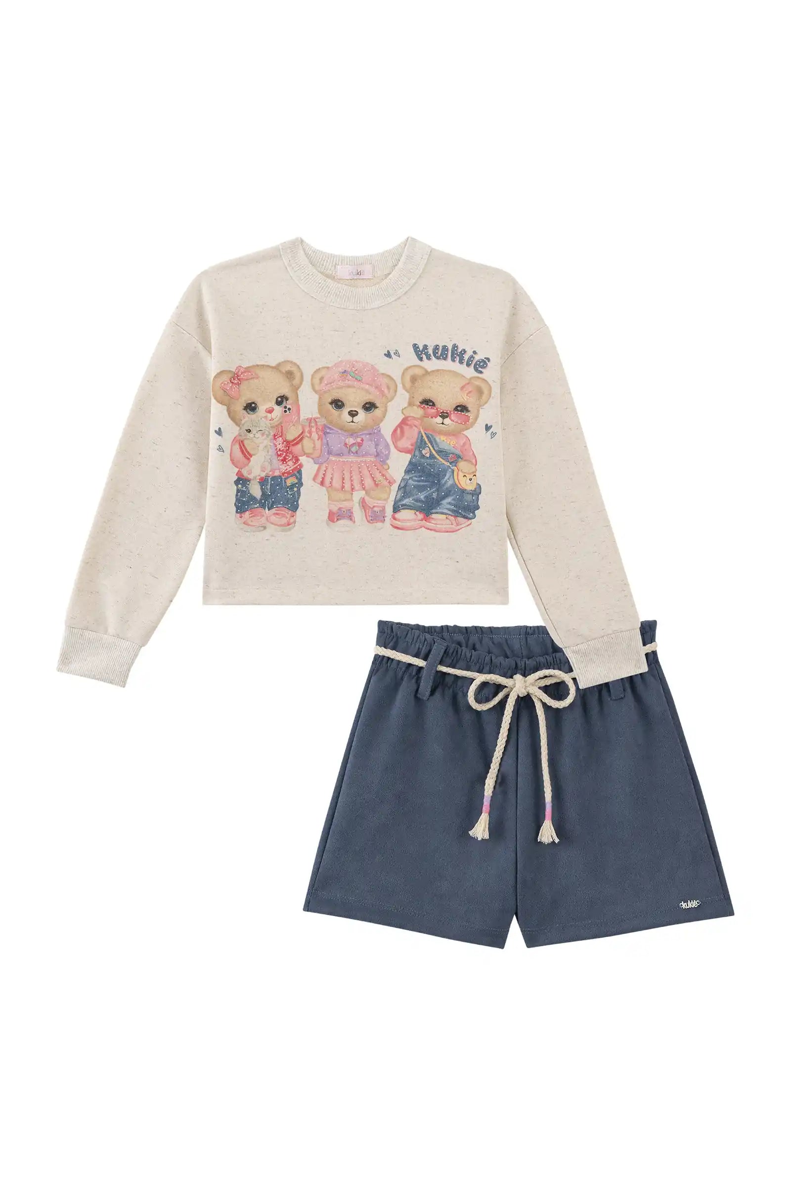 Conjunto Infantil Kukiê Inverno com Shorts Azul e Moletom sem Flanela Off White Ursinhos com Strass