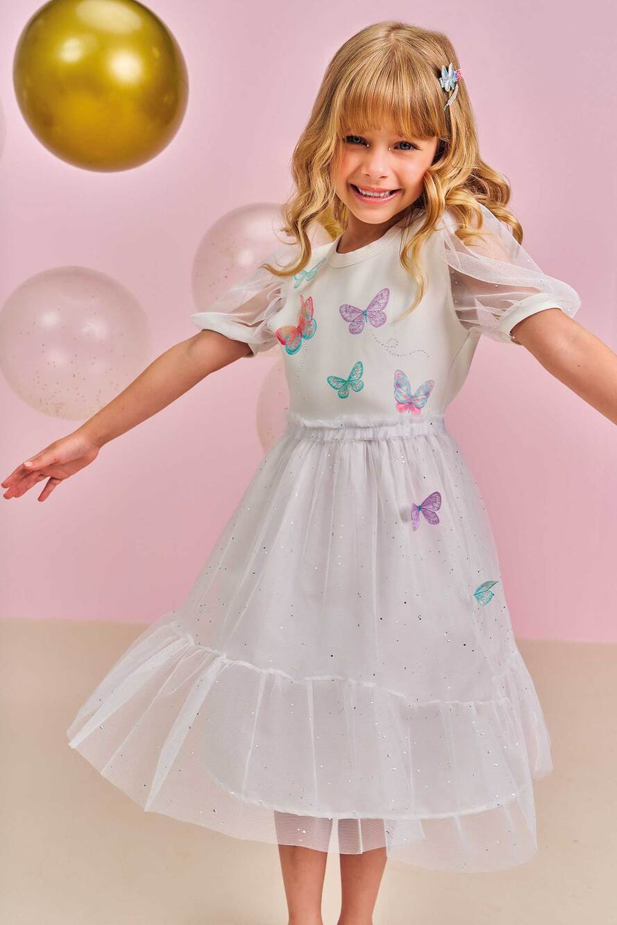 Vestido Infantil Kukie Verão Branco Tule Borboletas