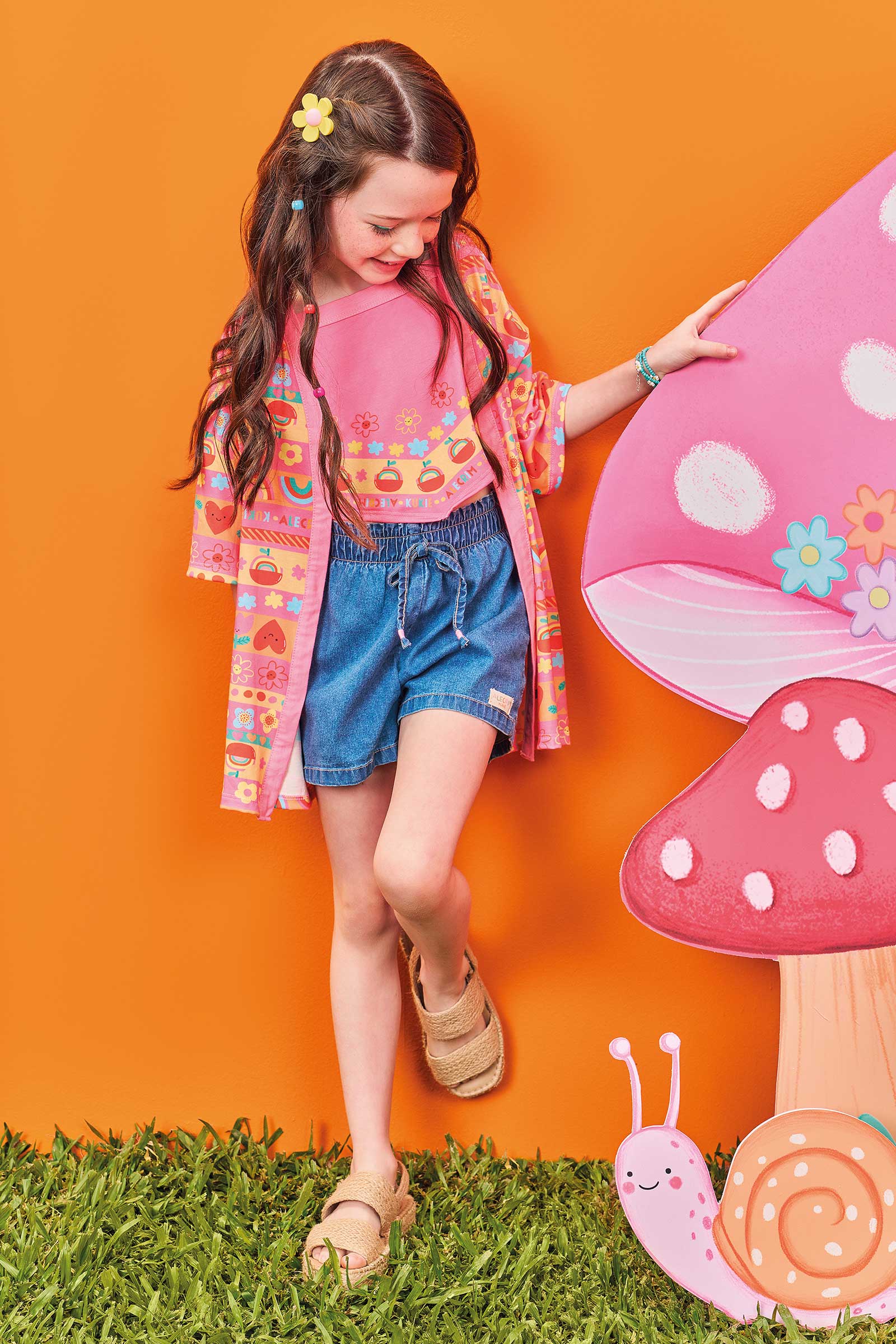 Conjunto Infantil Kukie Alecrim Verão Shorts Jeans Sobreposição e Top Frutas