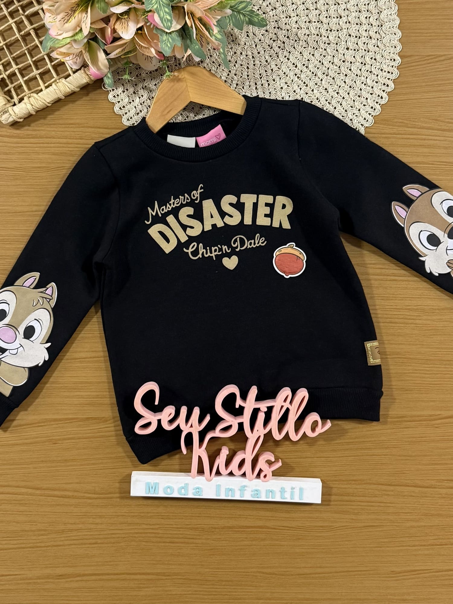 Moletom Infantil Momi Inverno Flanelado Preto Tico e Teco Disney
