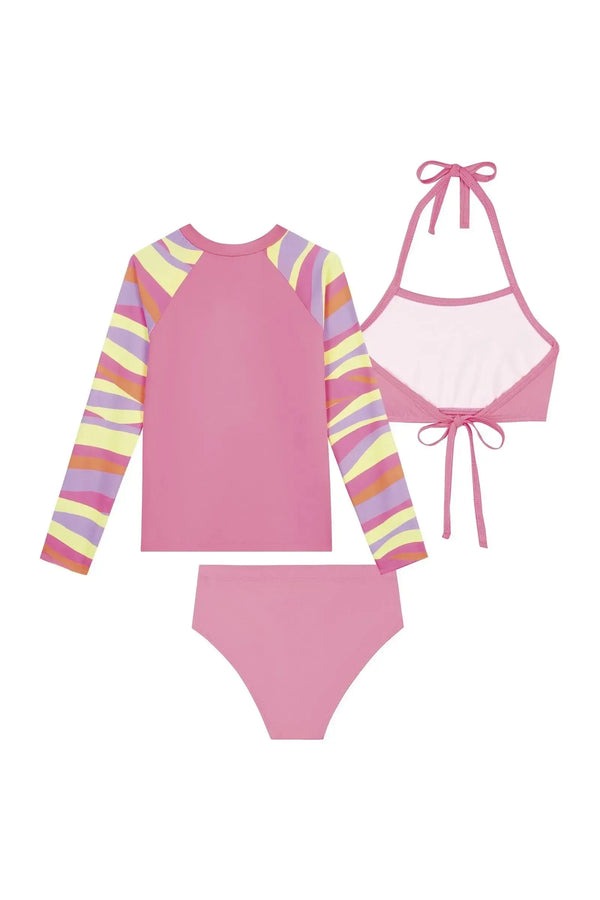 Biquíni Infantil Kukiê Verão com Blusa Manga Longa Rosa Florzinha