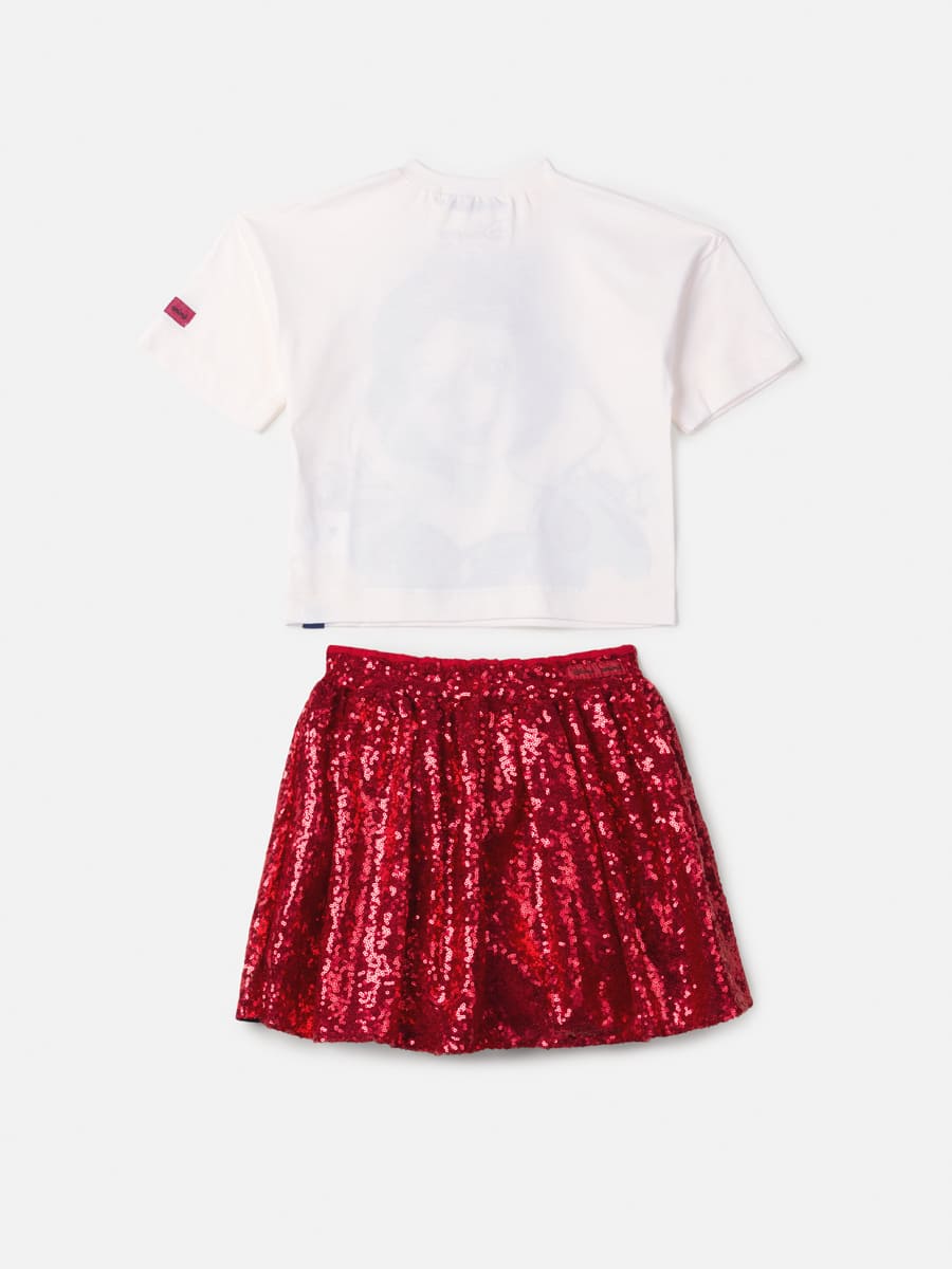 Conjunto Infantil Animê Saia Paetê Vermelho e Blusa Manga Curta Branca de Neve Disney