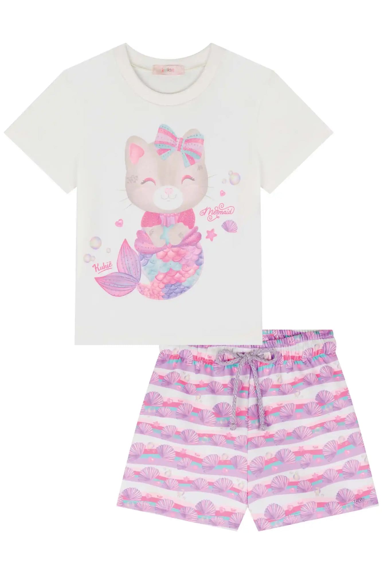 Conjunto Infantil Kukiê Verão com Shorts Listrado e Blusa Branca Gatinha Sereia