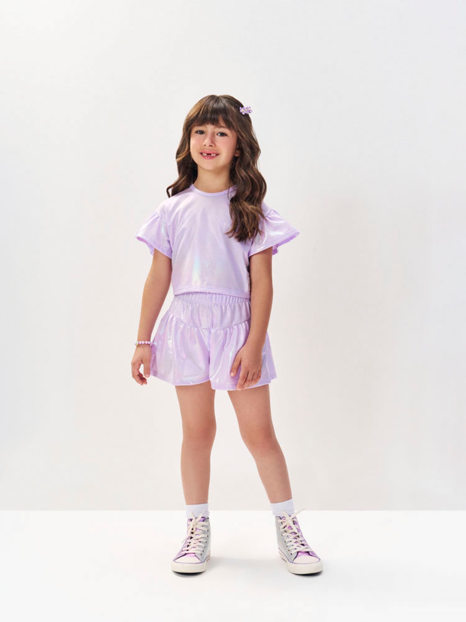 Conjunto Infantil Cinti Verão com Shorts e Blusa Lilás Holográfica
