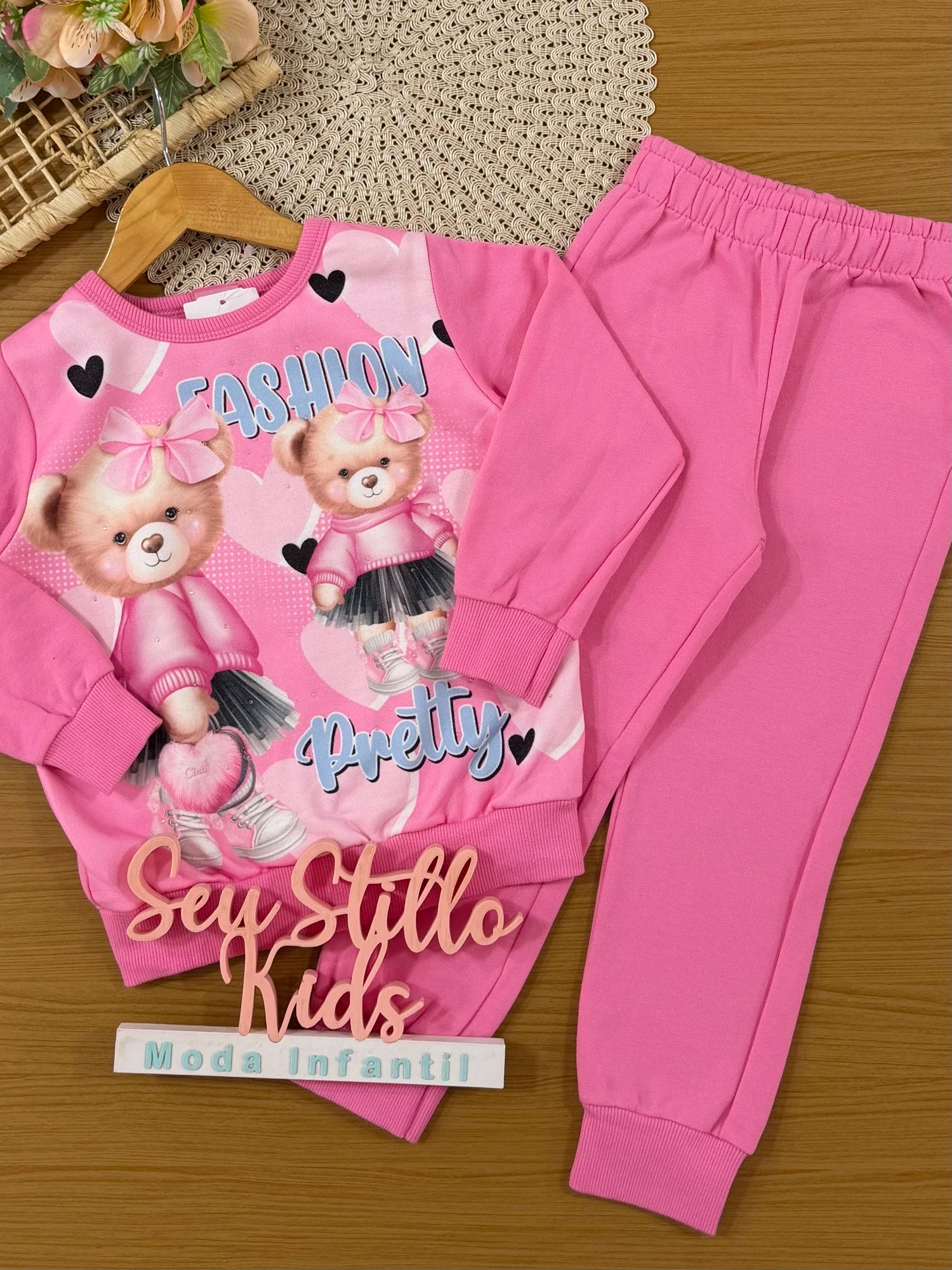 Conjunto Infantil Cinti Inverno com Calça Rosa e Moletom Flanelado Ursinha Fashion