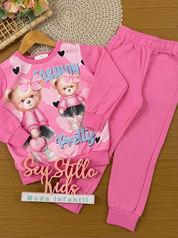 Conjunto Infantil Cinti Inverno com Calça Rosa e Moletom Flanelado Ursinha Fashion