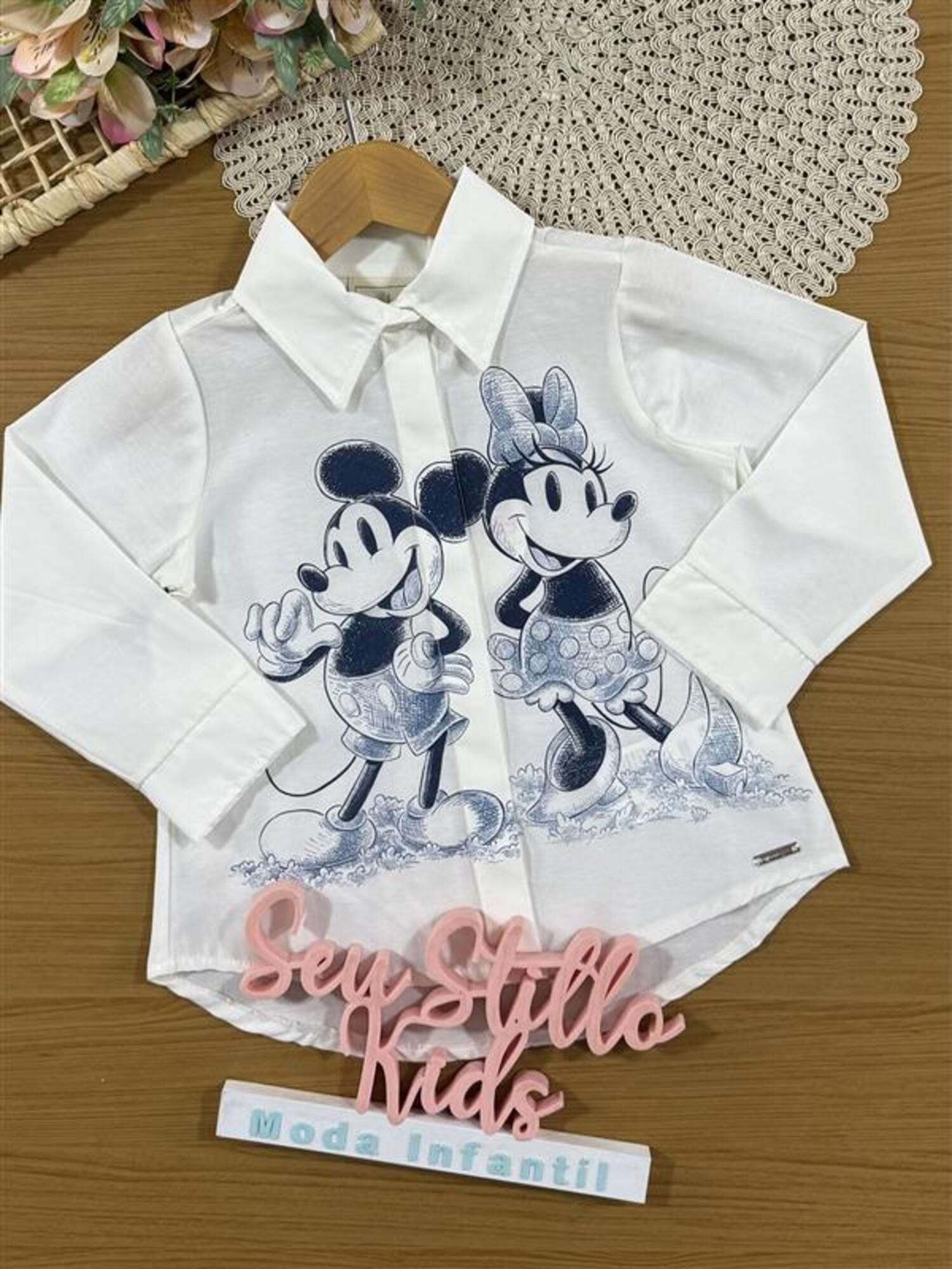 Blusa Infantil Animê Inverno Manga Longa Branca Minnie e Mickey Disney