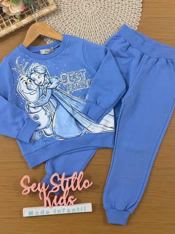 Conjunto Infantil Bimbi Inverno com Calça Legging e Moletom sem Flanela Azul Frozen Best Friends Disney