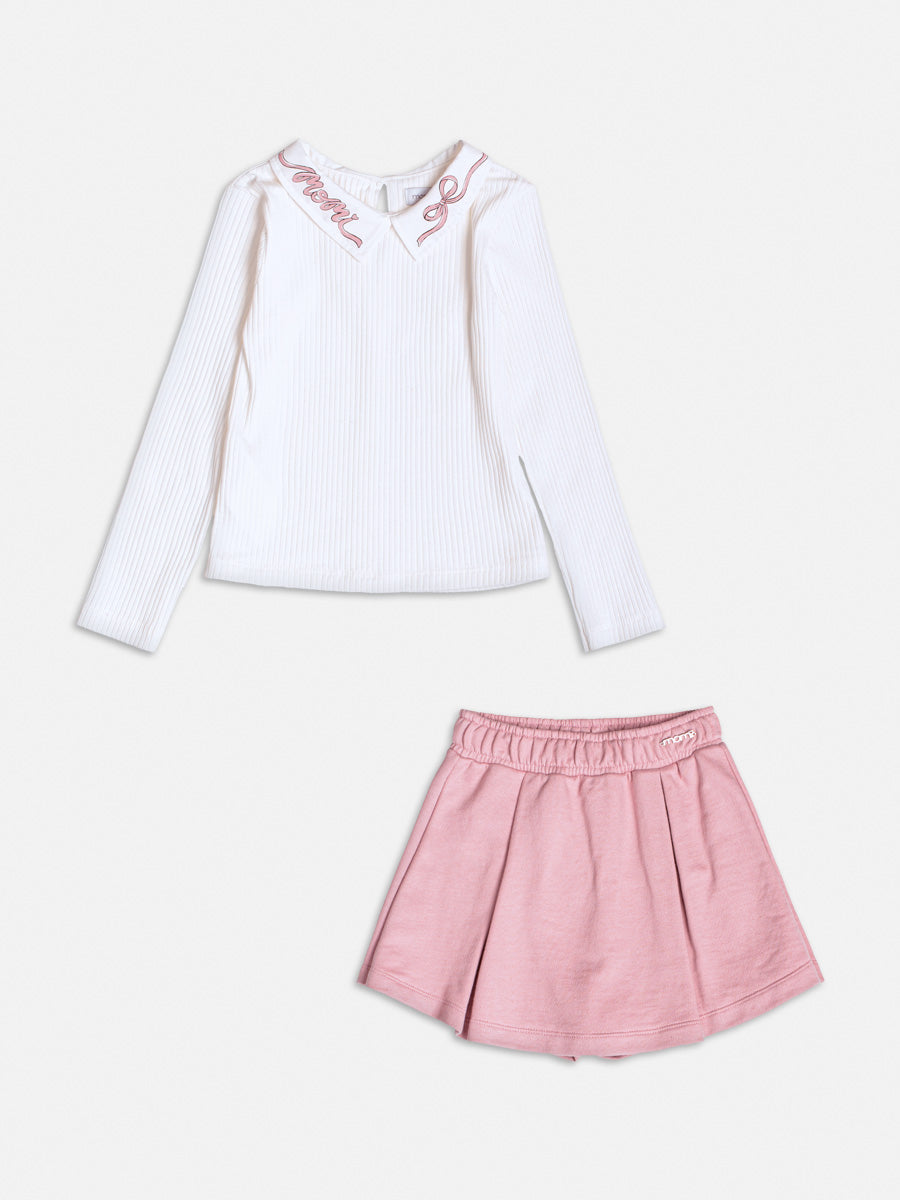 Conjunto Infantil Momi Inverno com Shorts Saia Rosa e Blusa Manga Longa Branca Lacinho