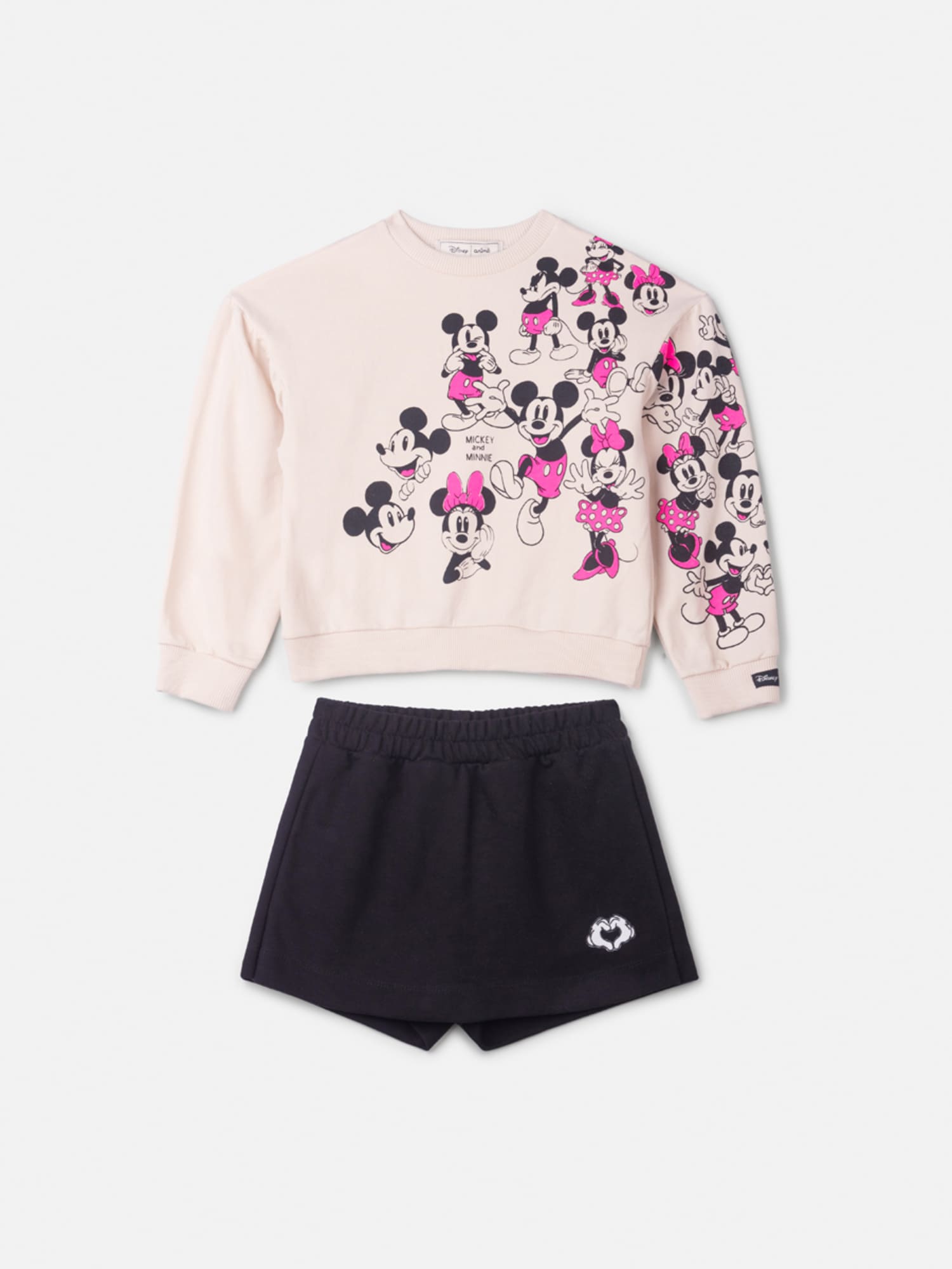 Conjunto Infantil Animê Inverno com Shorts Saia Preta e Casaco Bege Minnie e Mickey Disney