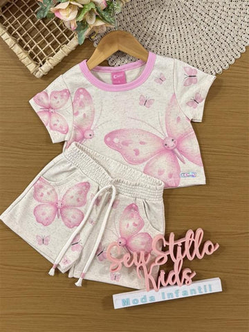 Conjunto Infantil Cinti Verão com Shorts e Blusa Off White Borboletas