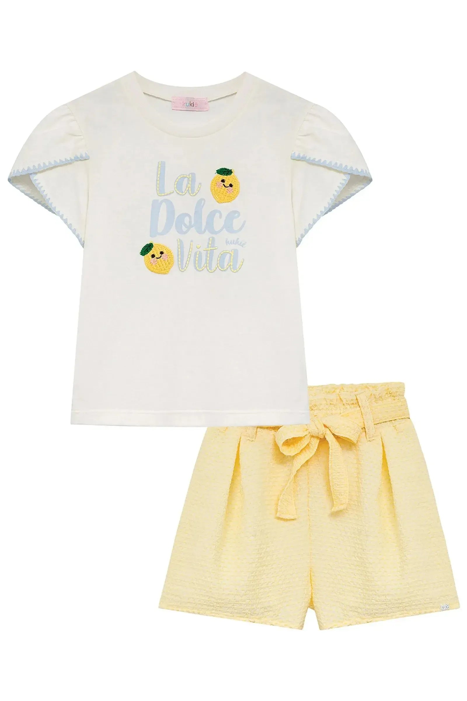 Conjunto Infantil Menina Kukiê com Shorts Amarelo e Blusa Branca La Dolce Vita
