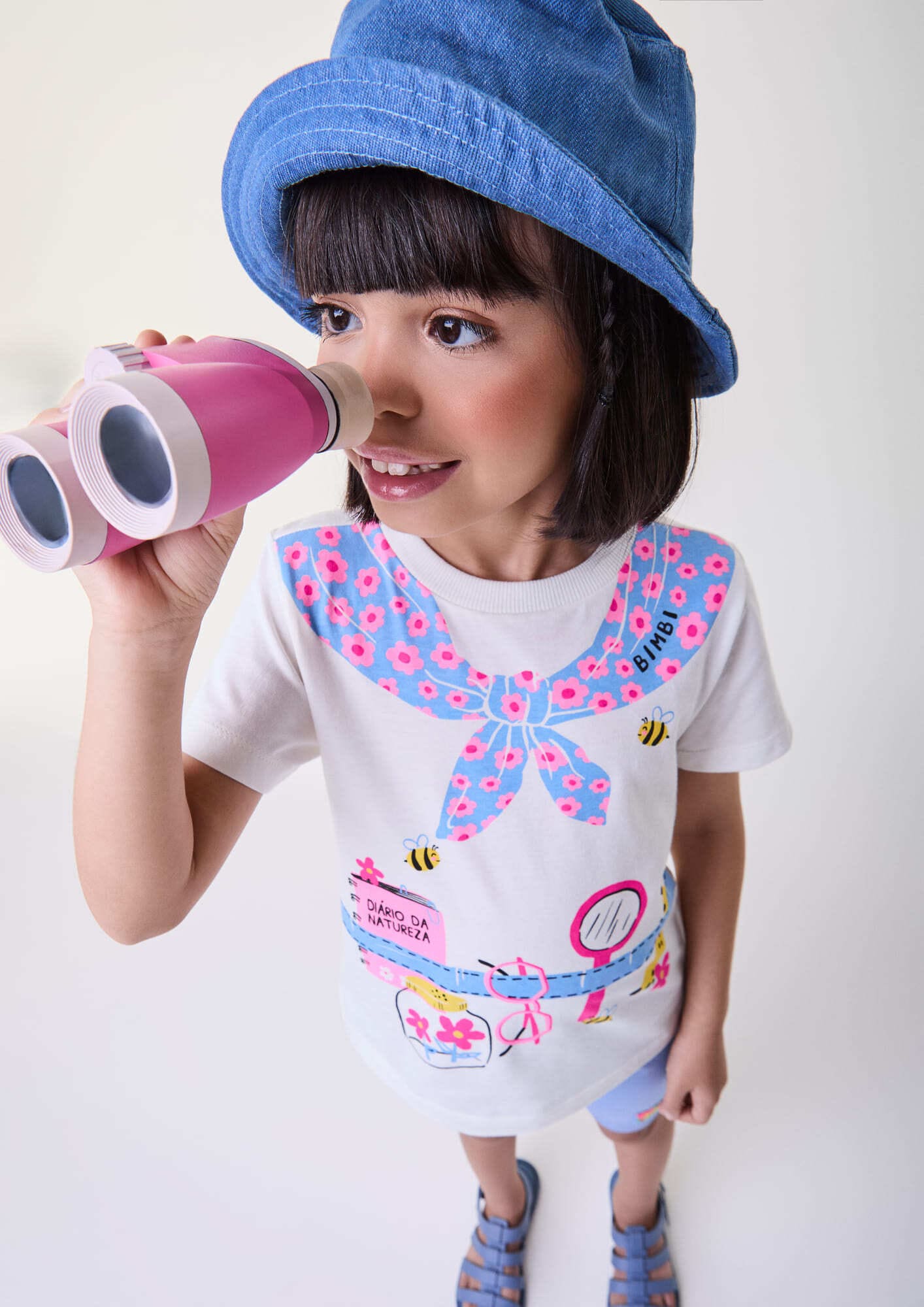 Conjunto Infantil Bimbi Verão com Shorts Ciclista Azul e Blusa Branca Diário da Natureza