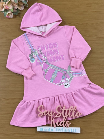 Vestido Infantil Cinti Inverno Rosa Bolsinha Coelhinha