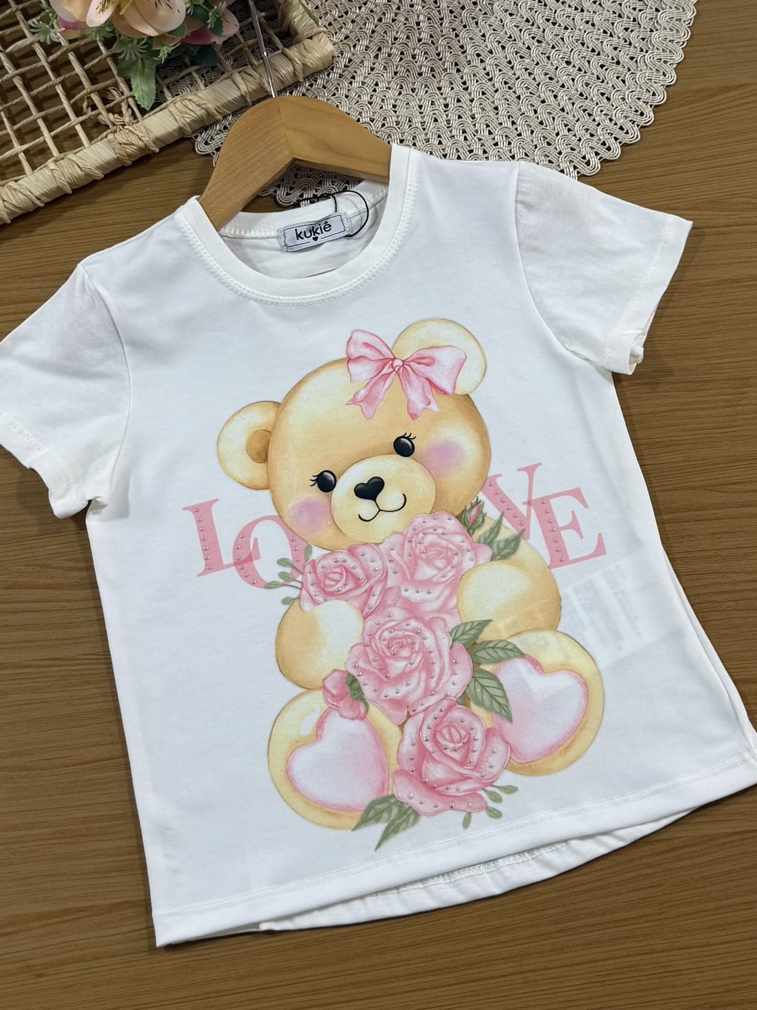 Conjunto Infantil Kukiê com Shorts Rosa e Blusa Manga Curta Ursinha Love