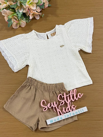 Conjunto Infantil Up Baby Verão Shorts e Blusa Laise Creme