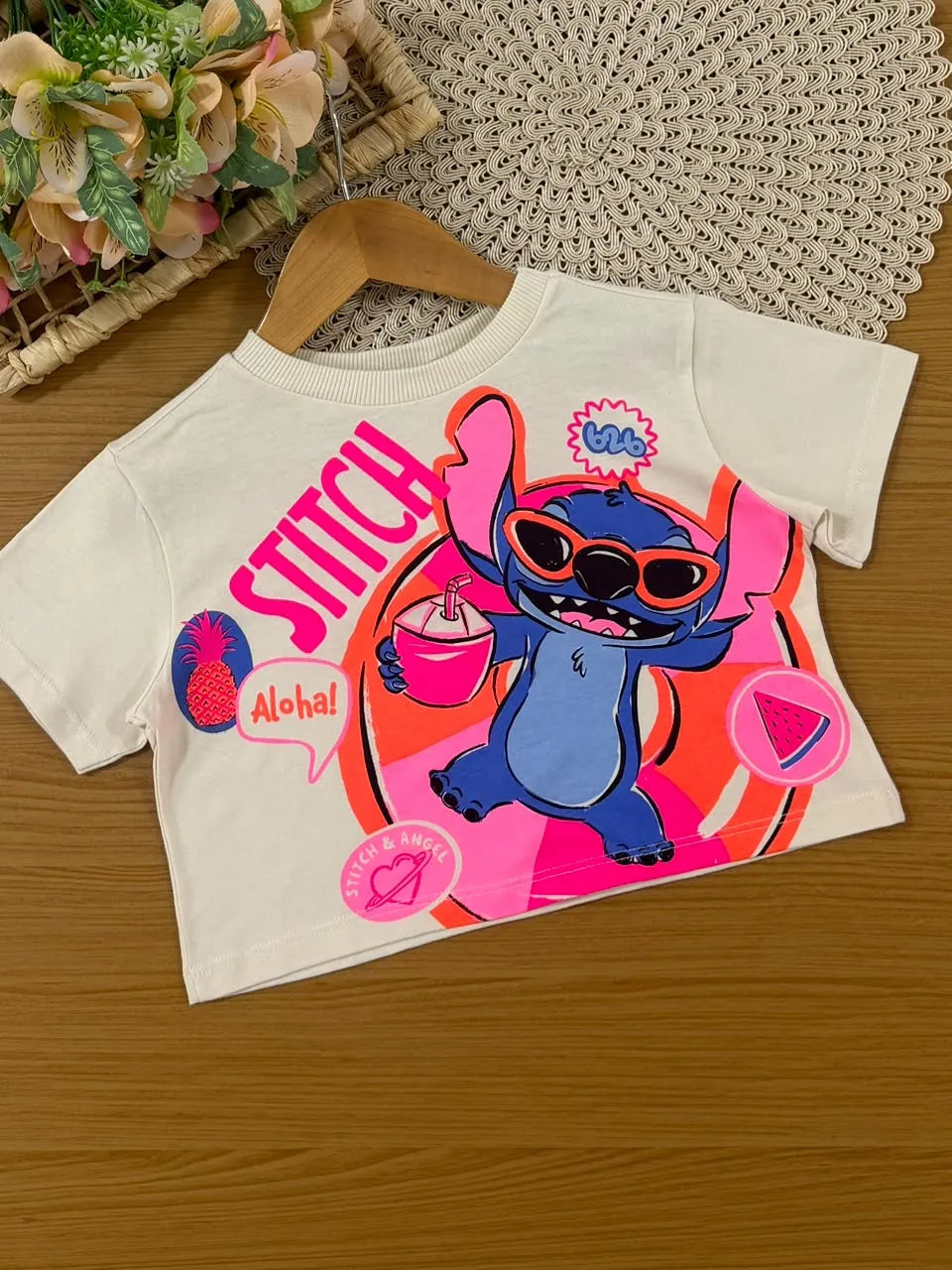 Conjunto Infantil Menina Bimbi Shorts Listrado e Blusa Stitch Verão Disney
