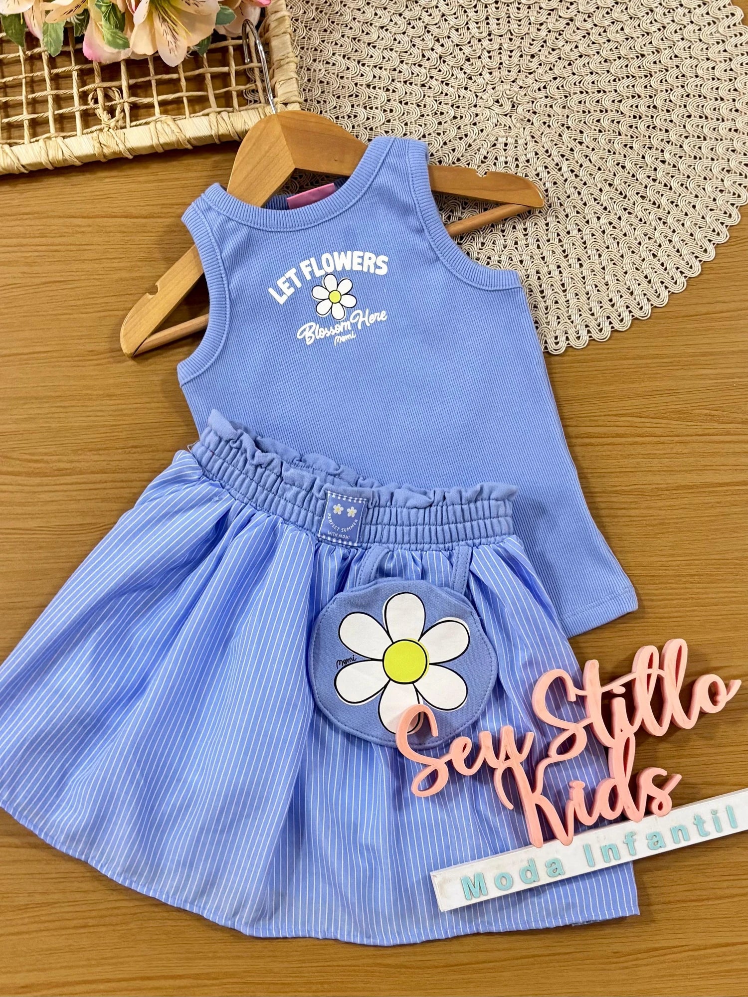 Conjunto Infantil Menina Momi com Saia e Regata Azul Let Flowers