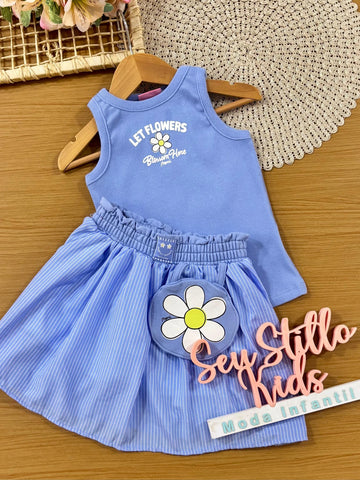 Conjunto Infantil Menina Momi com Saia e Regata Azul Let Flowers
