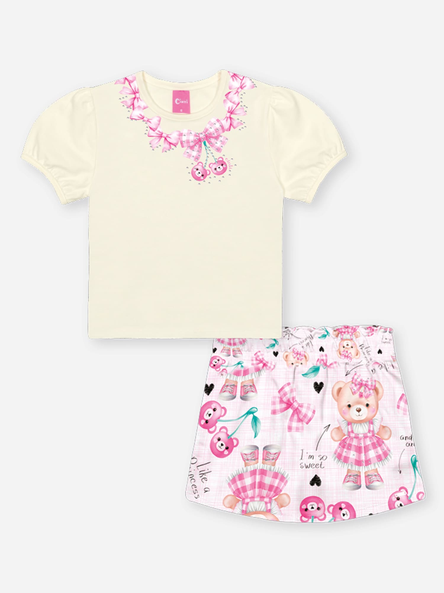 Conjunto Infantil Cinti Verão com Shorts Saia Rosa e Blusa Branca Lacinhos