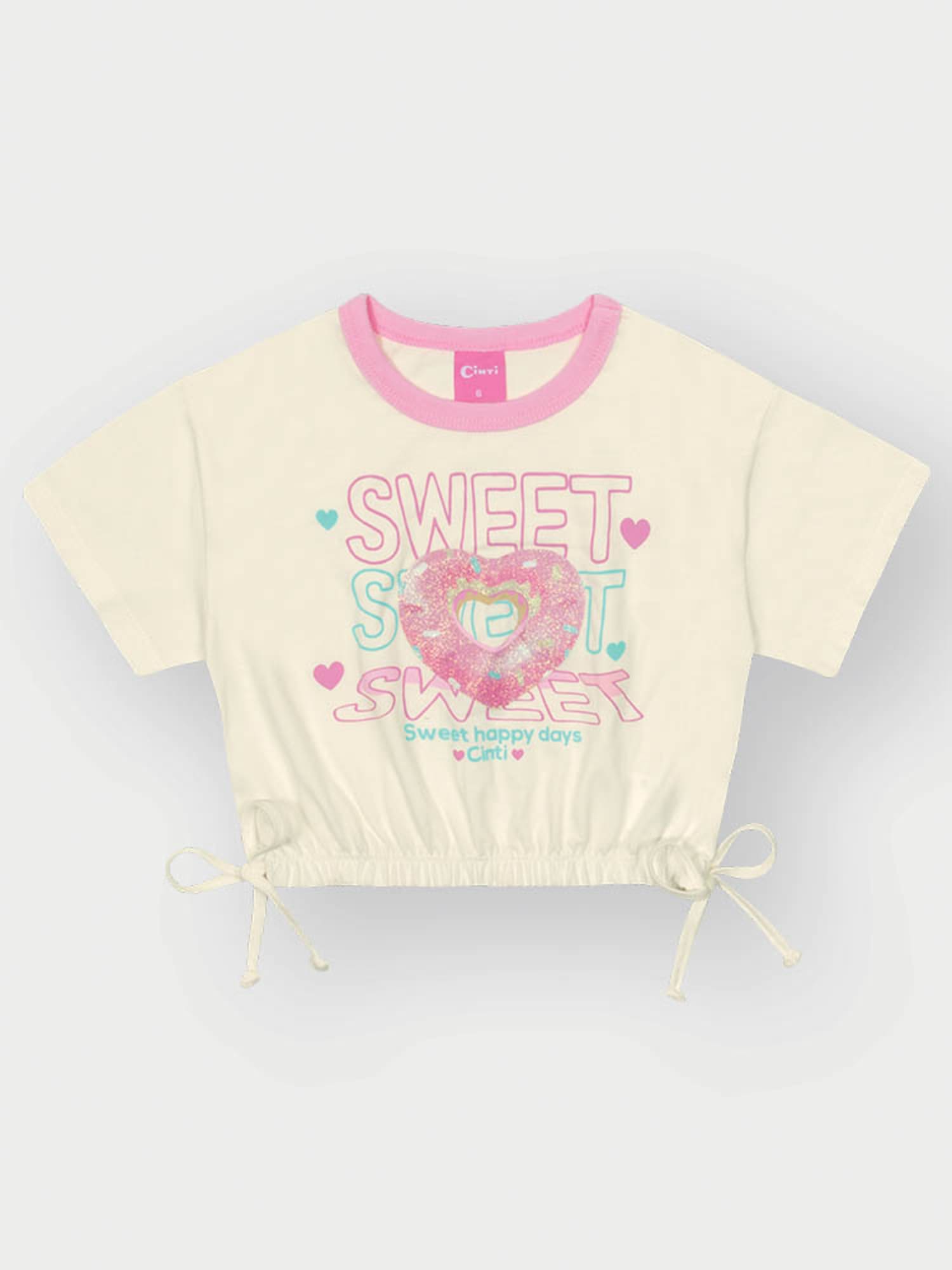 Conjunto Infantil Cinti Verão com Saia Rosa em Tela e Blusa Branca Rosquinha