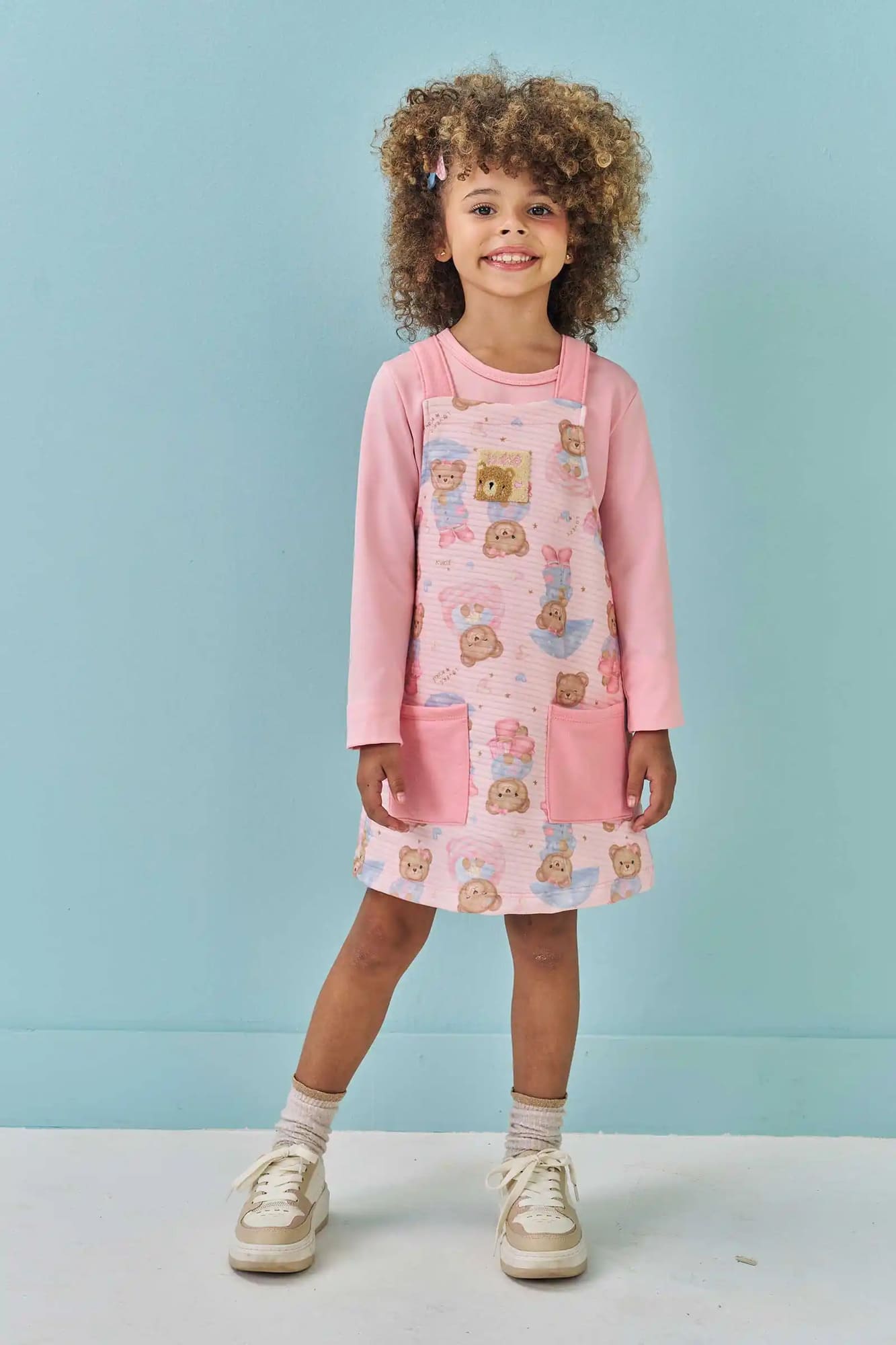 Salopete Infantil Kukiê Inverno com Blusa Térmica Rosa Ursinhos