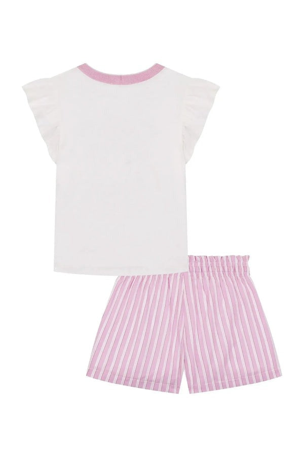 Conjunto Infantil Kukiê Verão com Shorts Rosa Listrado e Blusa Branca Menina Arco-íris