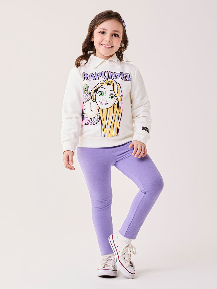 Conjunto Infantil Bimbi Inverno com Calça Legging e Moletom sem Flanela Branco Rapunzel Disney