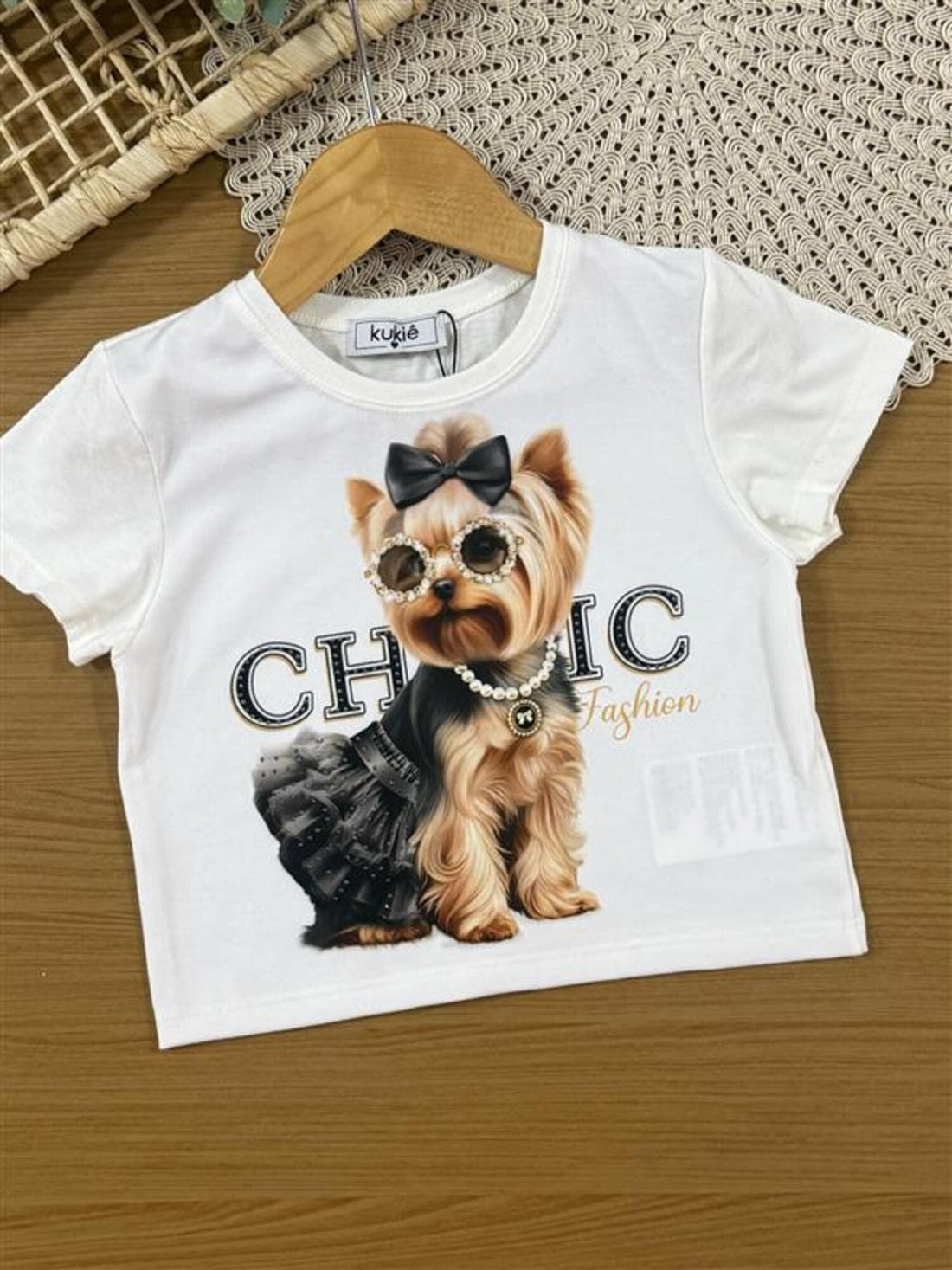 Conjunto Infantil Kukiê Verão com Shorts Preto e Blusa Branca Cachorrinha